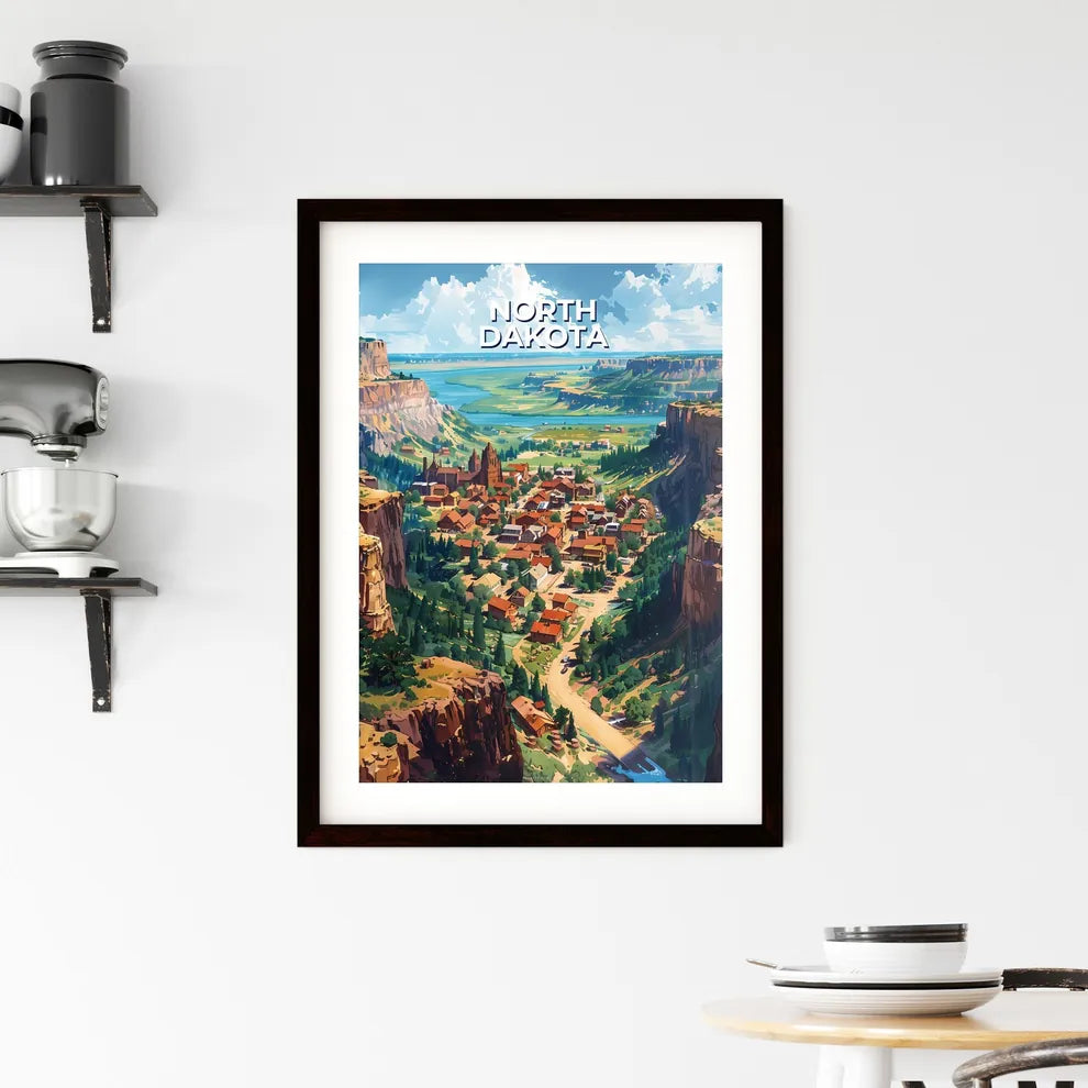 Vibrant Painting of a Town Nestled in a Picturesque Canyon, North Dakota, USA Custom Print