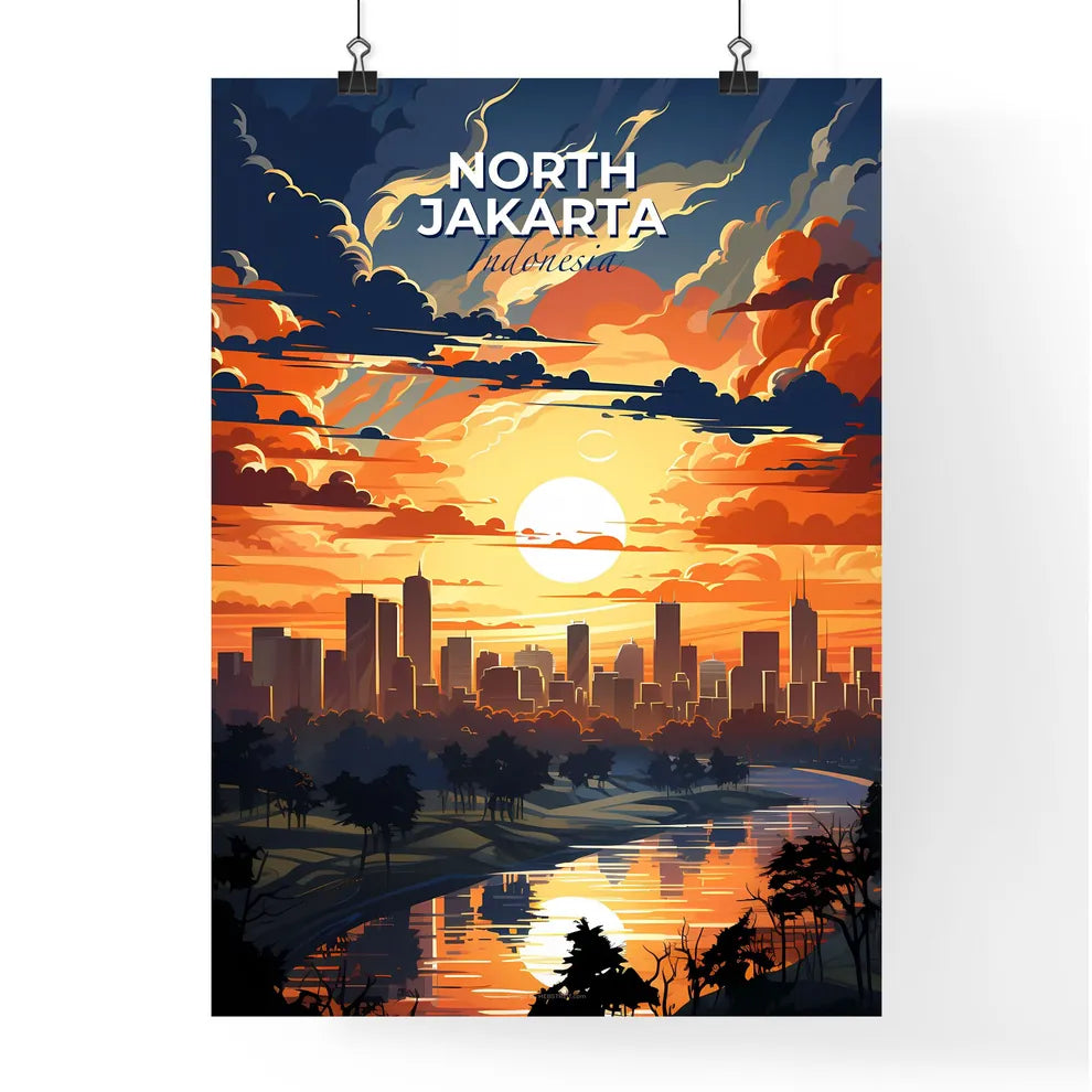 Vibrant Abstract Skyline Painting of North Jakarta Indonesia Cityscape at Sunset Default Title