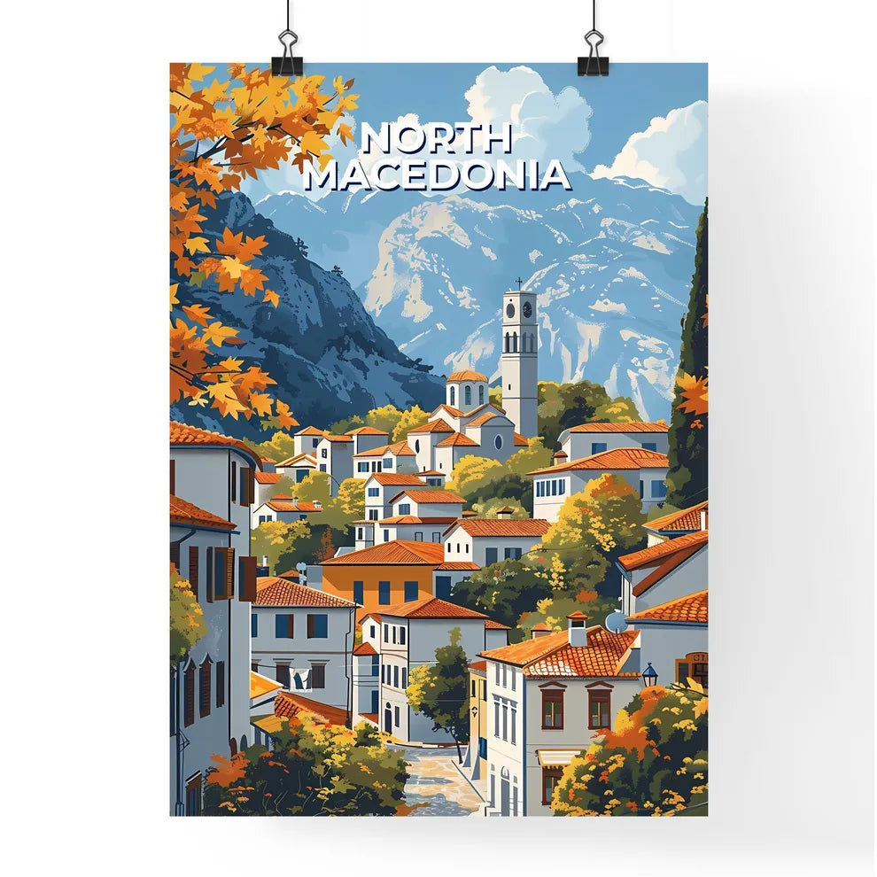 Vibrant Colorful Cityscape Painting Town Buildings Trees North Macedonia Europe Poster