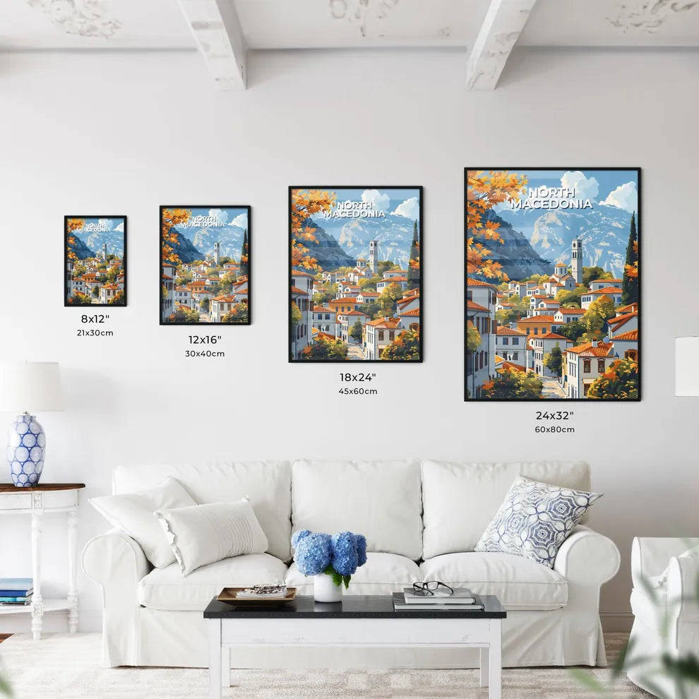 Vibrant Colorful Cityscape Painting Town Buildings Trees North Macedonia Europe Size Chart