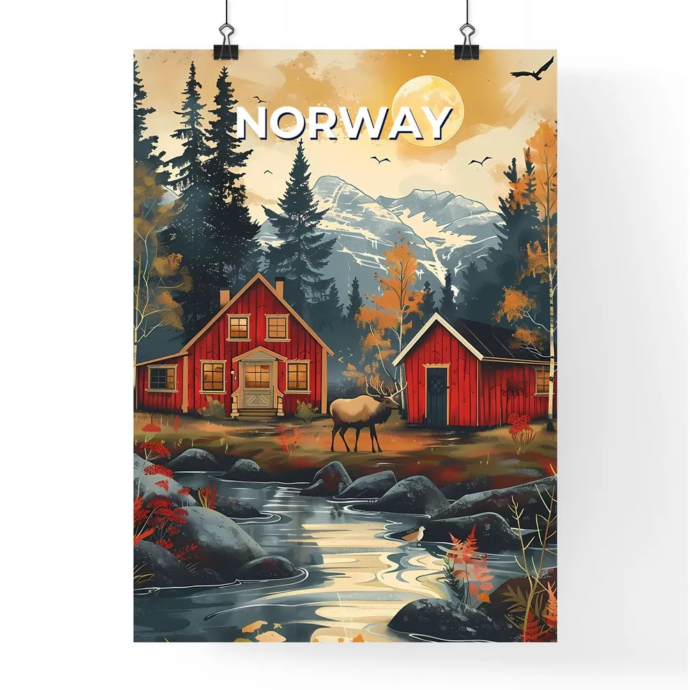 Moose painting, red house, Norway, Europe, vibrant, art, acrylic, canvas Poster