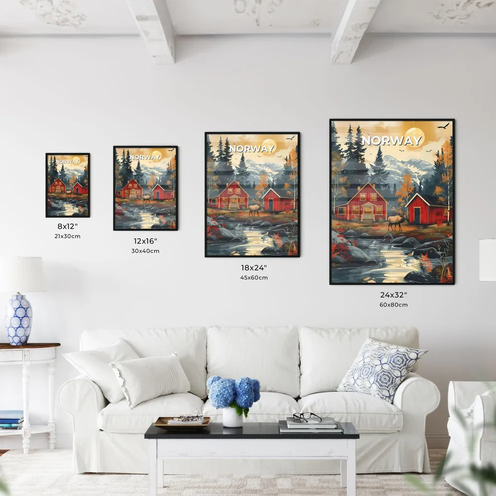 Moose painting, red house, Norway, Europe, vibrant, art, acrylic, canvas Size Chart