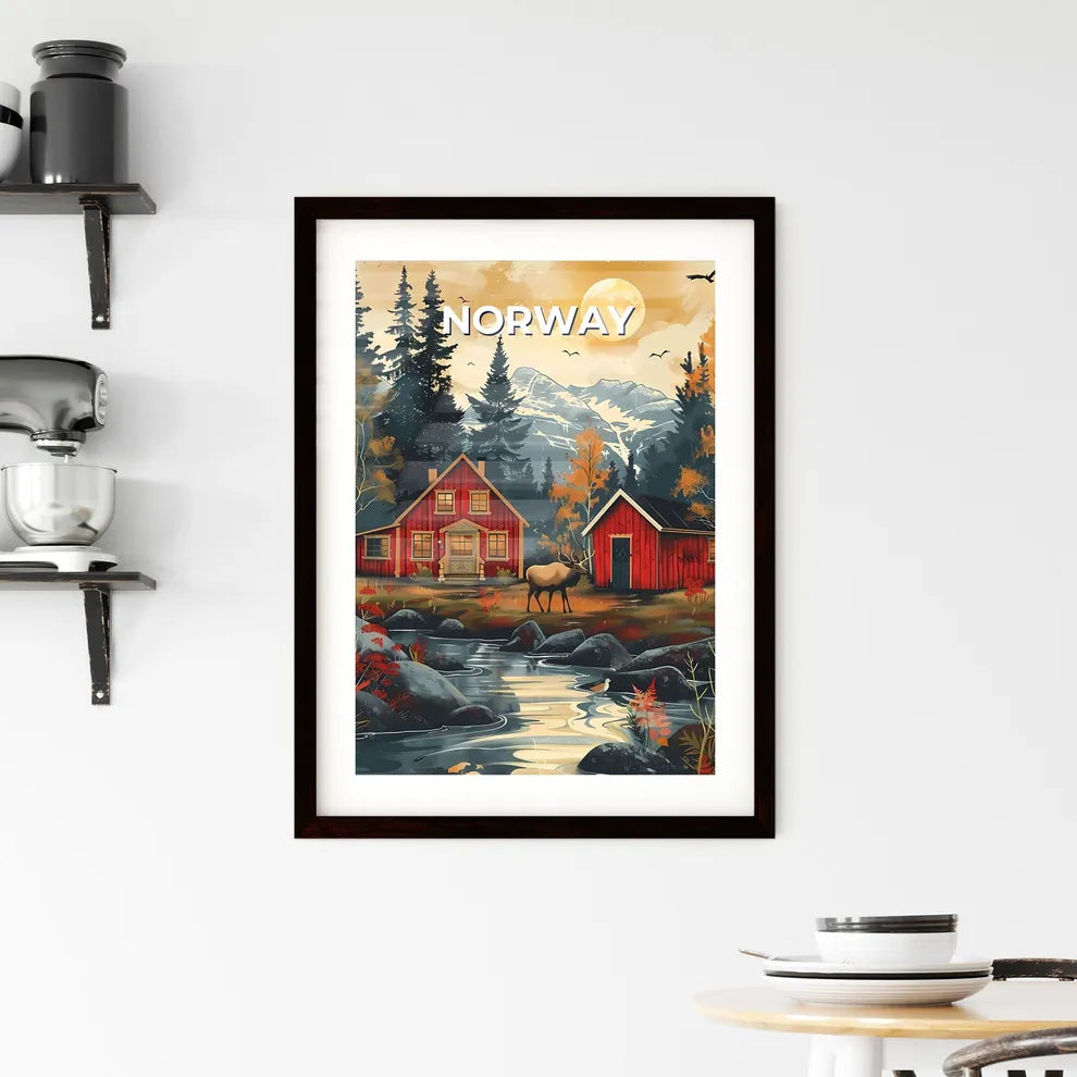 Moose painting, red house, Norway, Europe, vibrant, art, acrylic, canvas Custom Print