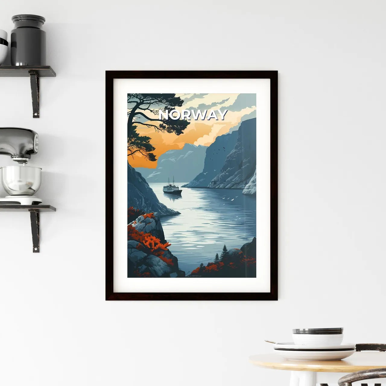 Vibrant Painting of a Boat on a Norwegian La Framed Print