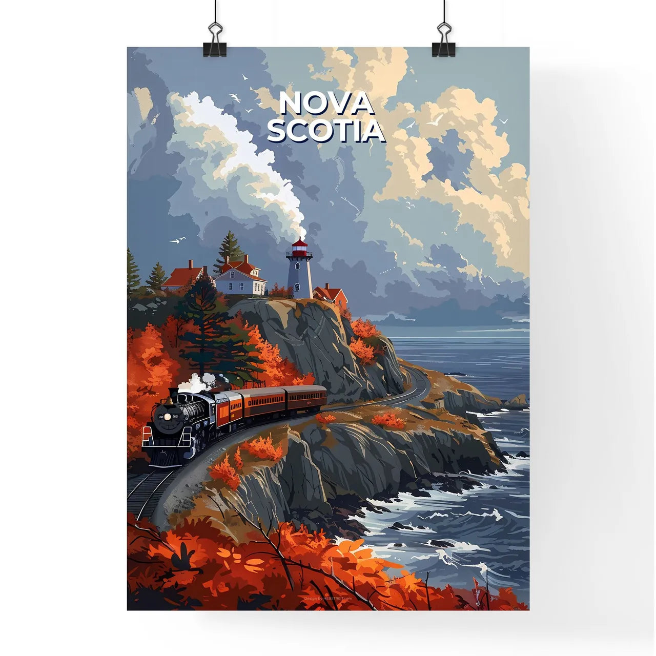 Colorful Train on a Cliff by the Water, Nova Scotia, Canada - Painting Poster
