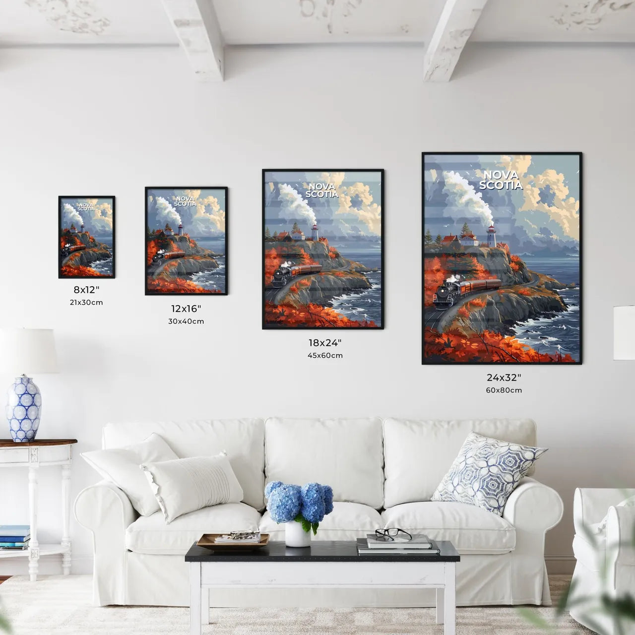 Colorful Train on a Cliff by the Water, Nova Scotia, Canada - Painting Size Chart