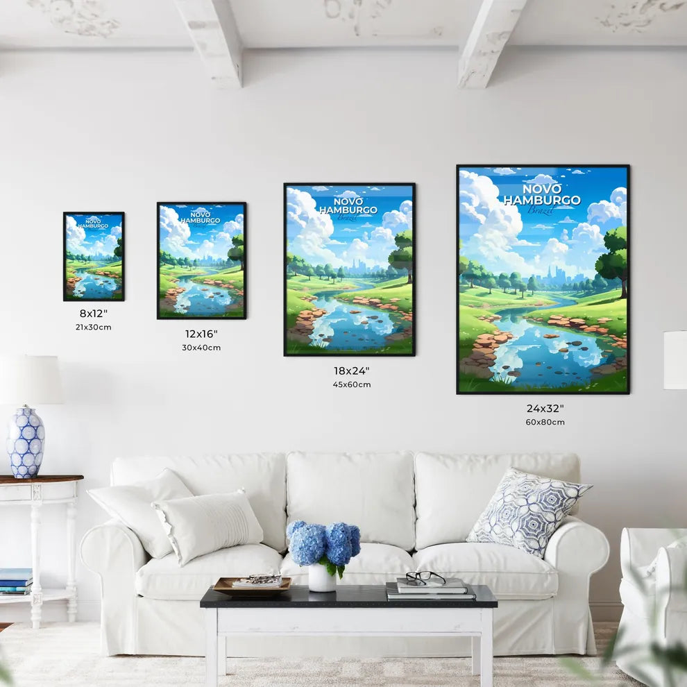 Hand-Painted Art of Novo Hamburgo Brazil Cityscape with River and Green Fields Default Title