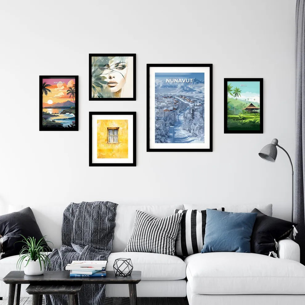 Nunavut Canada, Snowy Winter Landscape, Art Painting, Vibrant Colors, Houses, Mountains Interior Design