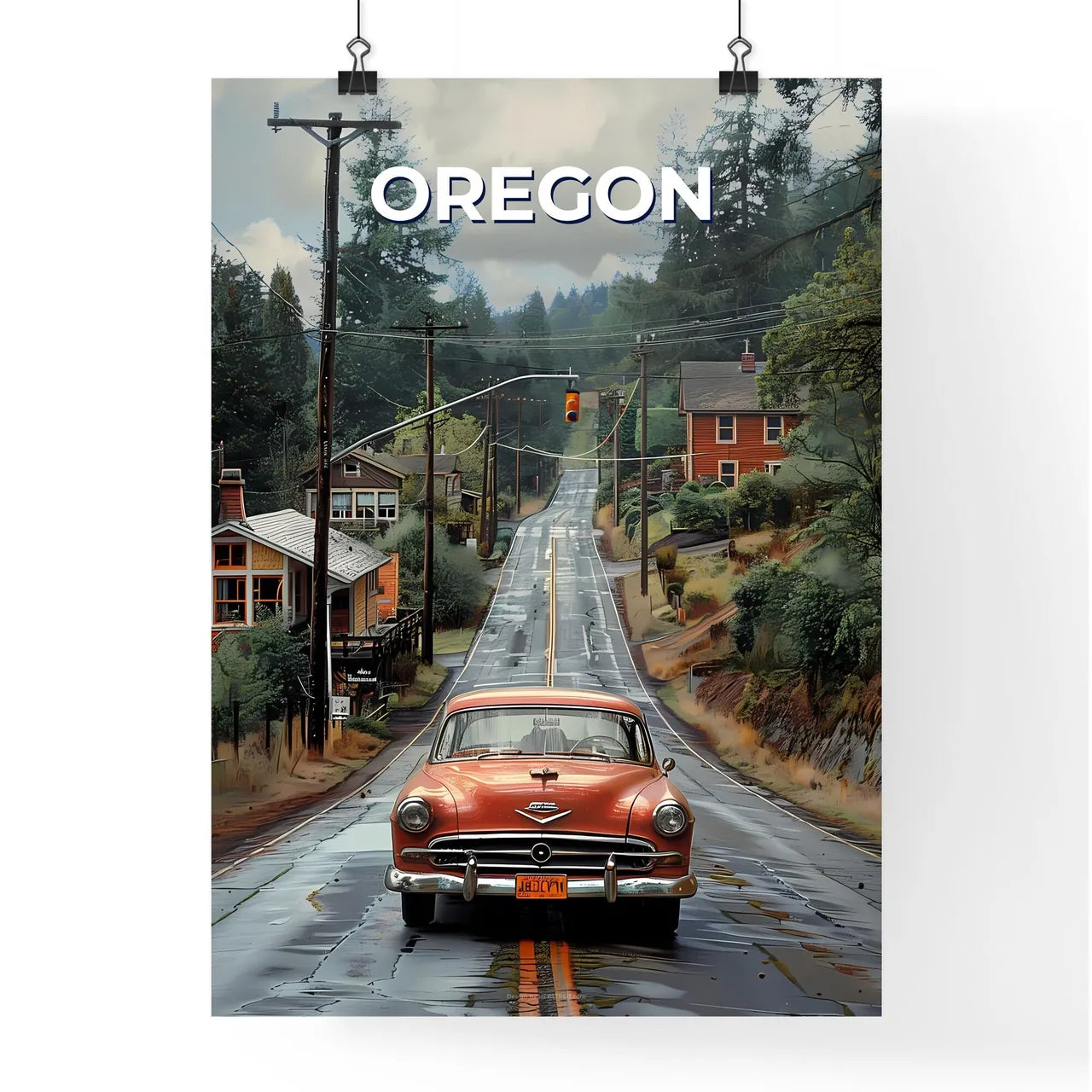 Artistic Car Depiction on Road, Oregon, USA: Vibrant Painting Poster