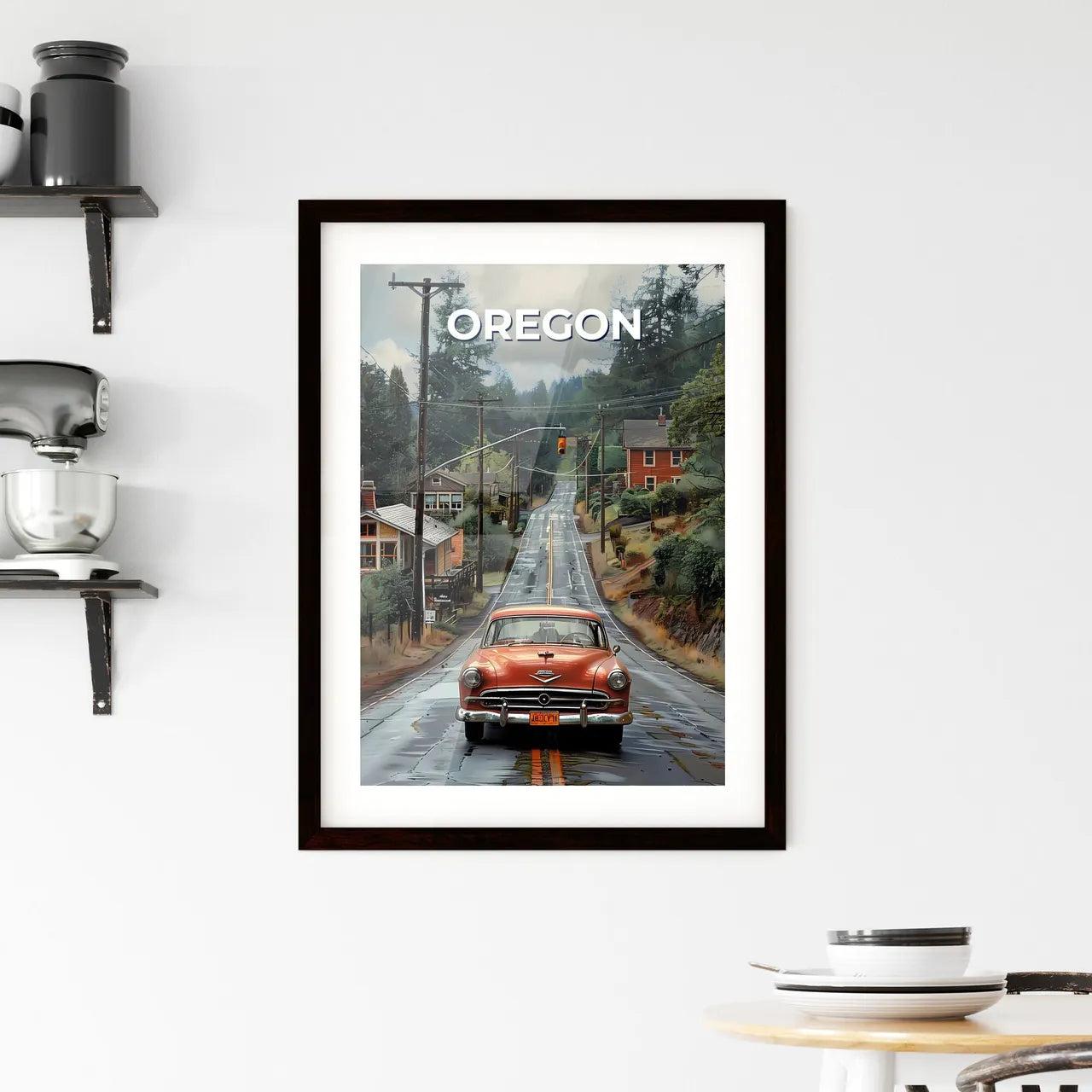 Artistic Car Depiction on Road, Oregon, USA: Vibrant Painting Custom Print