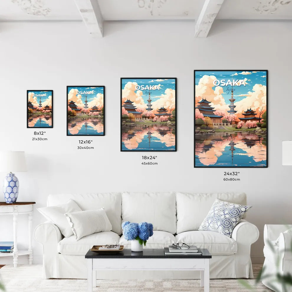 Mesmerizing Watercolor Painting of Osaka Skyline featuring Waterway, Buildings and Trees, Focus on Artistic Expression Default Title