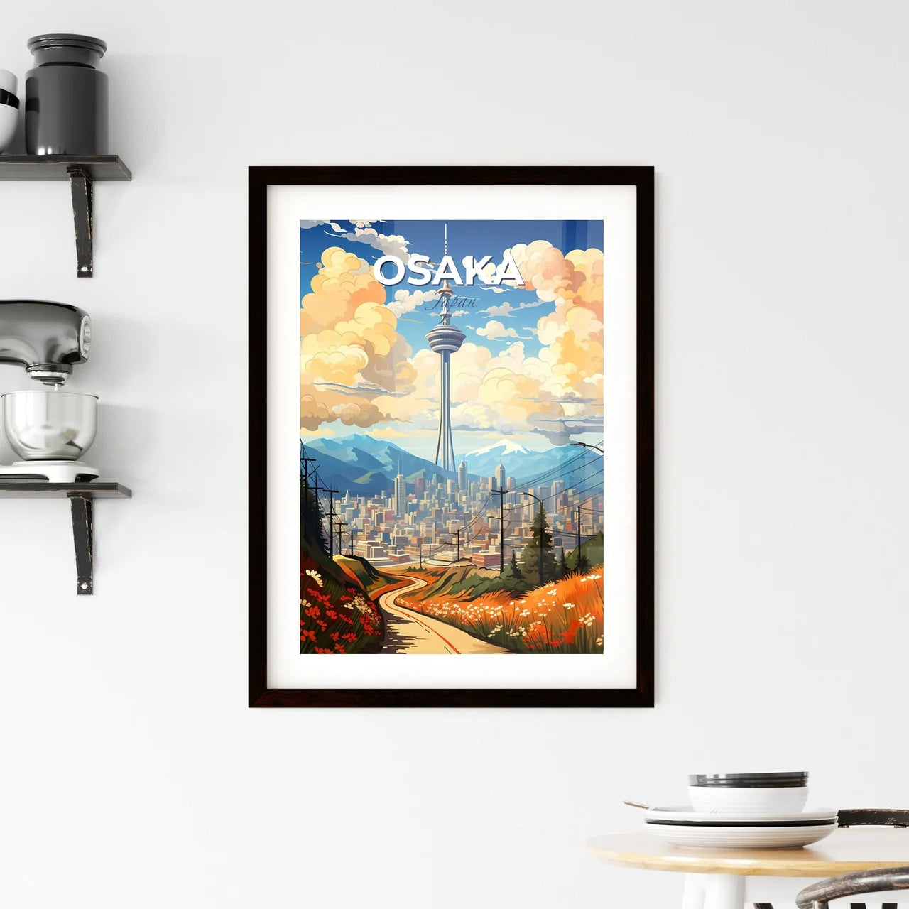 Osaka Skyline Cityscape Art Painting Tower Mountains Cityscape Skyline Art Default Title
