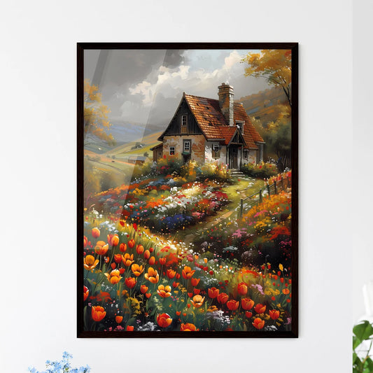 Charming Dutch Country House Amidst Vibrant Tulip Fields in Vintage-Inspired Landscape Painting Framed Art