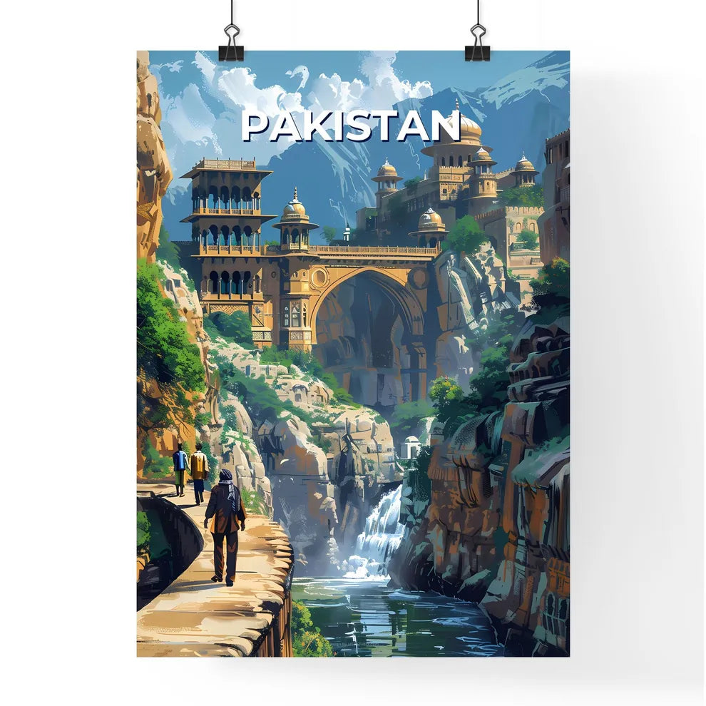 Vibrant Pakistani River Bridge Painting Featuring Ancient Castle Poster
