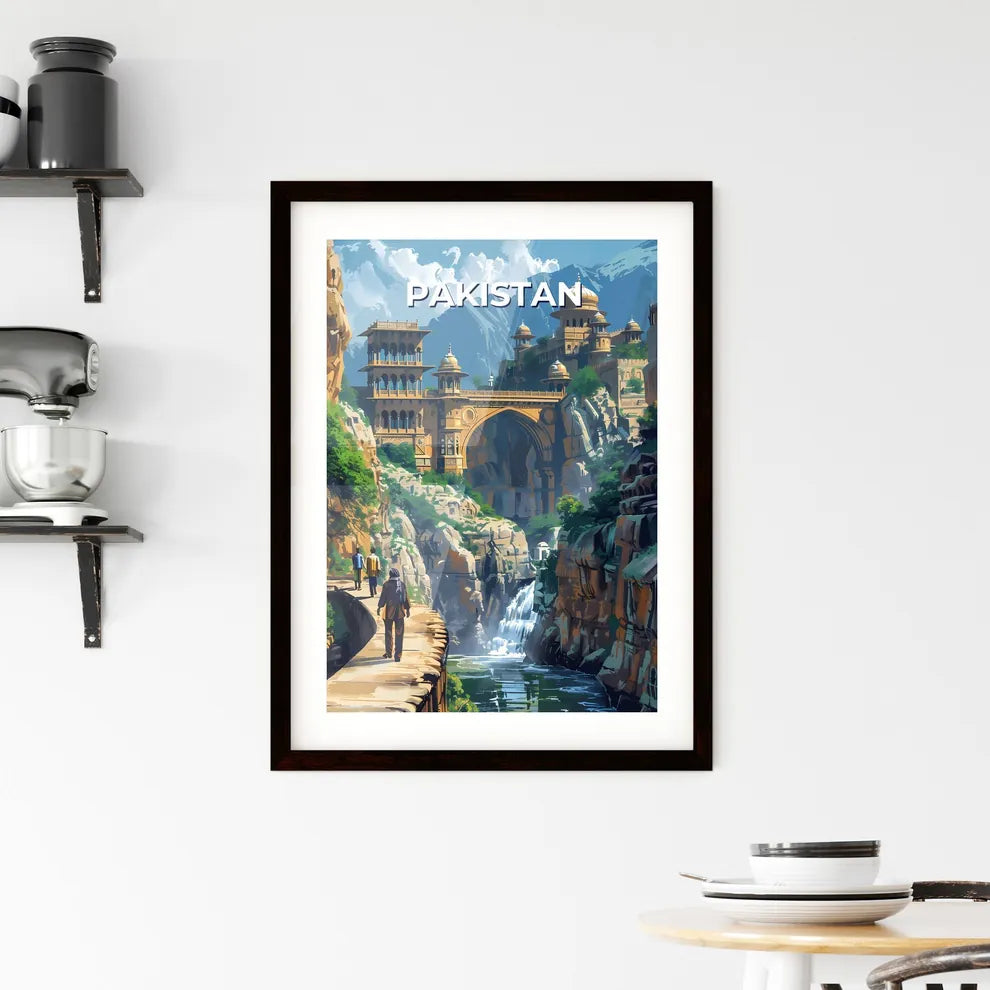 Vibrant Pakistani River Bridge Painting Featuring Ancient Castle Custom Print