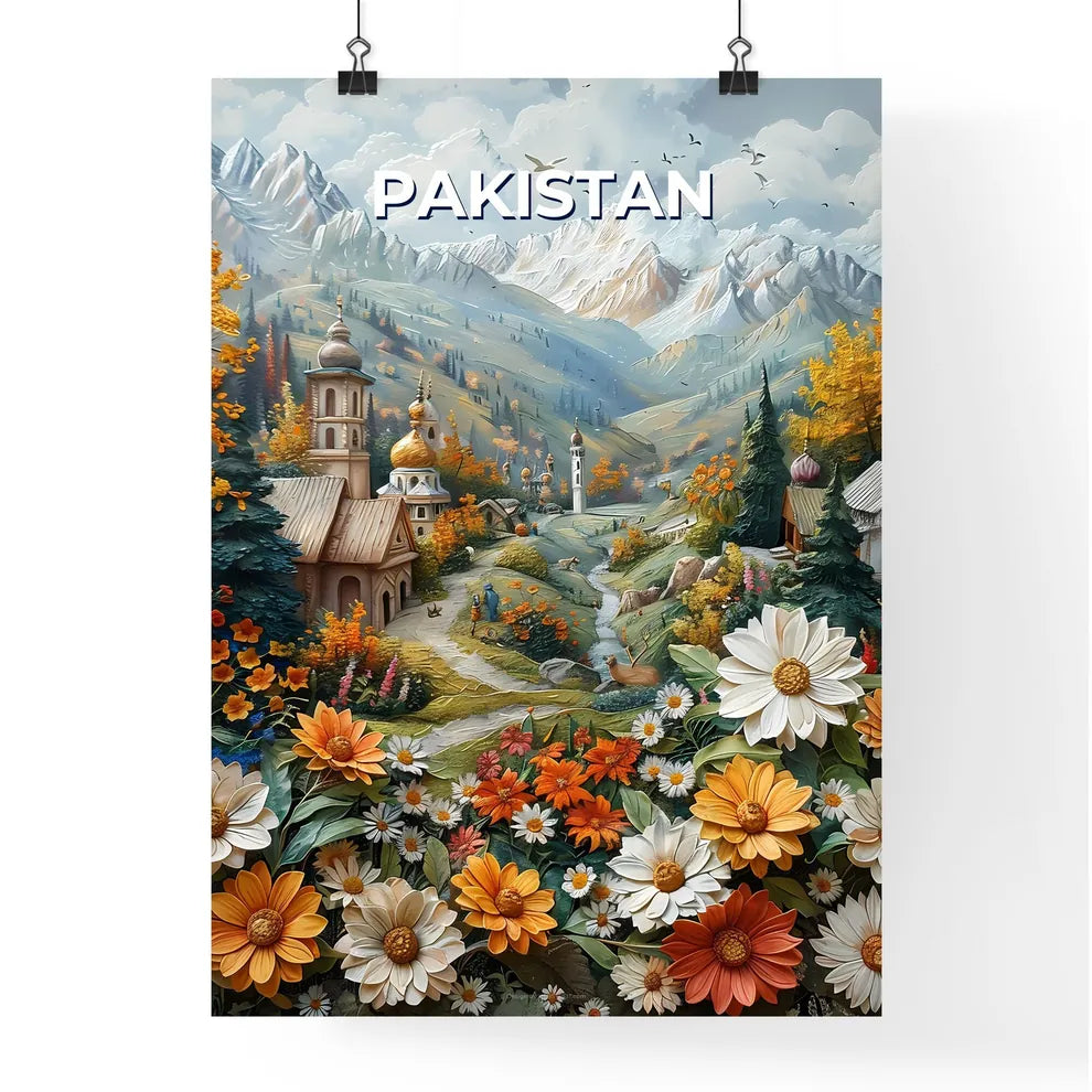 Painting of Colorful Village Nestled Amidst Blooming Flowers in South Asia, Pakistan Poster