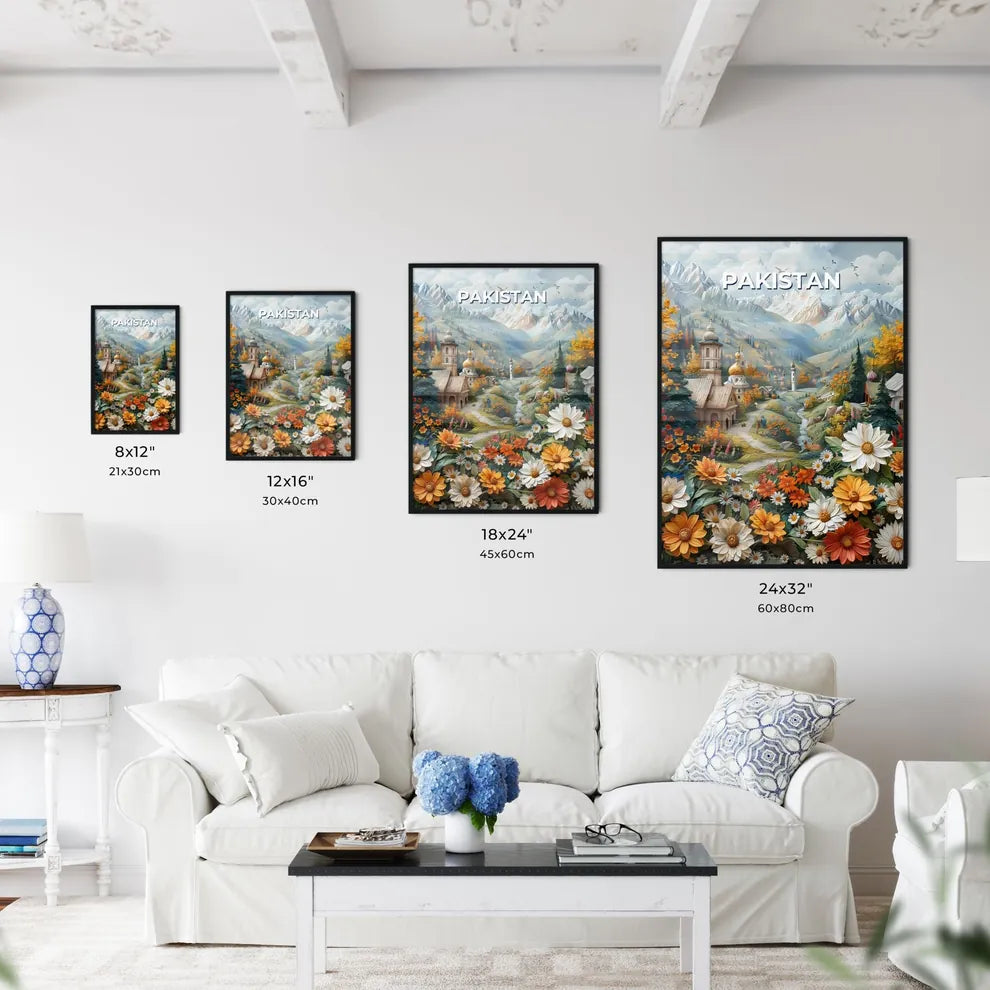 Painting of Colorful Village Nestled Amidst Blooming Flowers in South Asia, Pakistan Size Chart