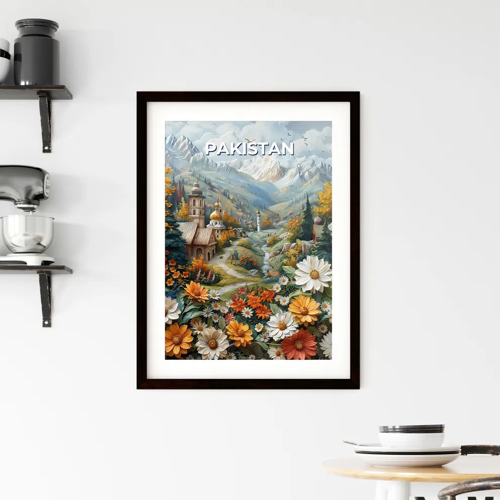 Painting of Colorful Village Nestled Amidst Blooming Flowers in South Asia, Pakistan Custom Print