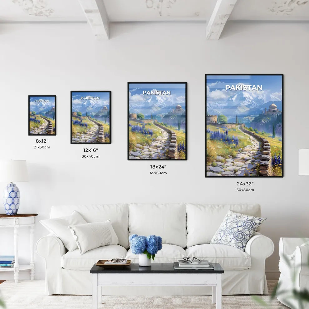 Vibrant Pakistani Painting Showcases Colorful Stone Path Leading to Mountainous Landscape Size Chart