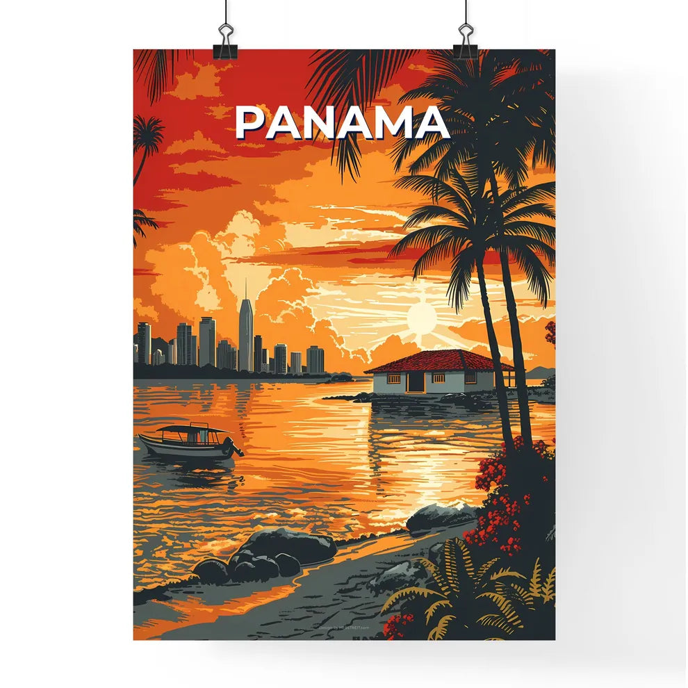 Vibrant Panama Sunset: Artistic Boat and City Silhouette at Water's Edge, North America Poster