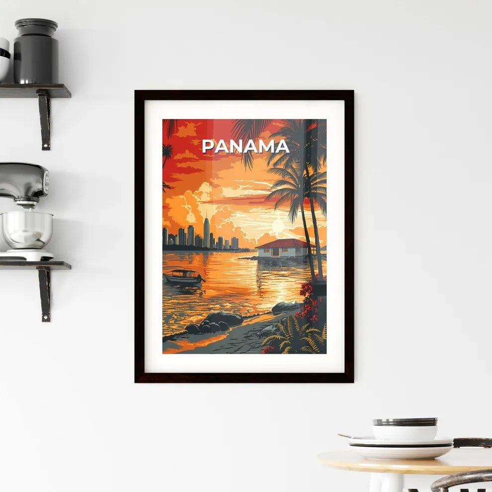 Vibrant Panama Sunset: Artistic Boat and City Silhouette at Water's Edge, North America Custom Print