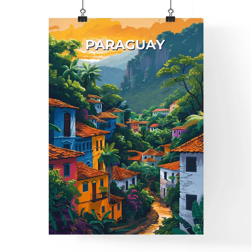Colorful Art Painting of Paraguay, South America's Vibrant City with Trees and Mountains Poster