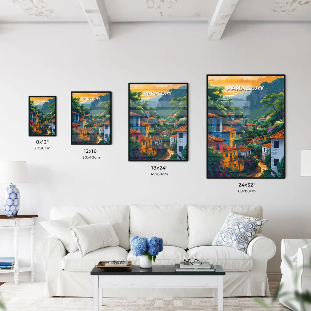 Colorful Art Painting of Paraguay, South America's Vibrant City with Trees and Mountains Size Chart