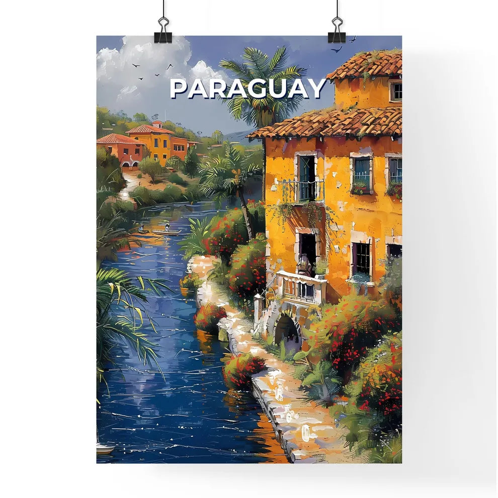 Abstract Painting: Vibrant South American Art of Colorful Building by River in Paraguay Poster