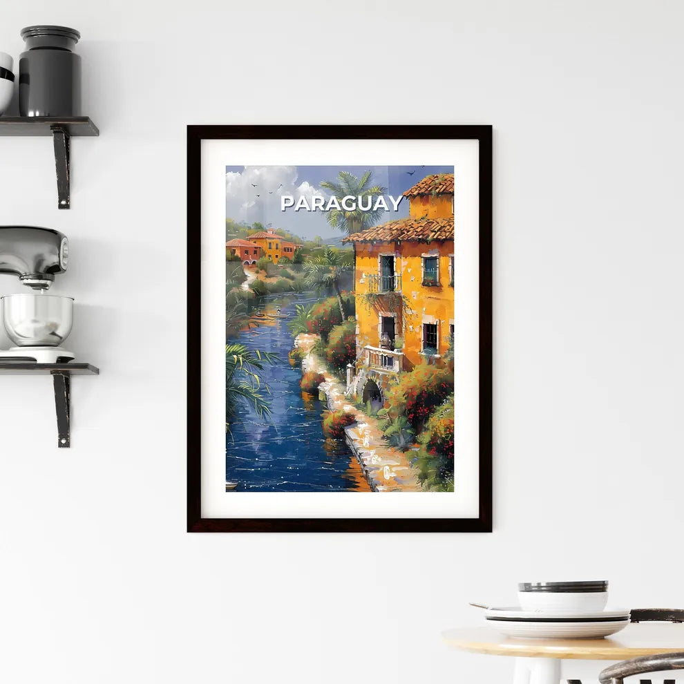 Abstract Painting: Vibrant South American Art of Colorful Building by River in Paraguay Custom Print