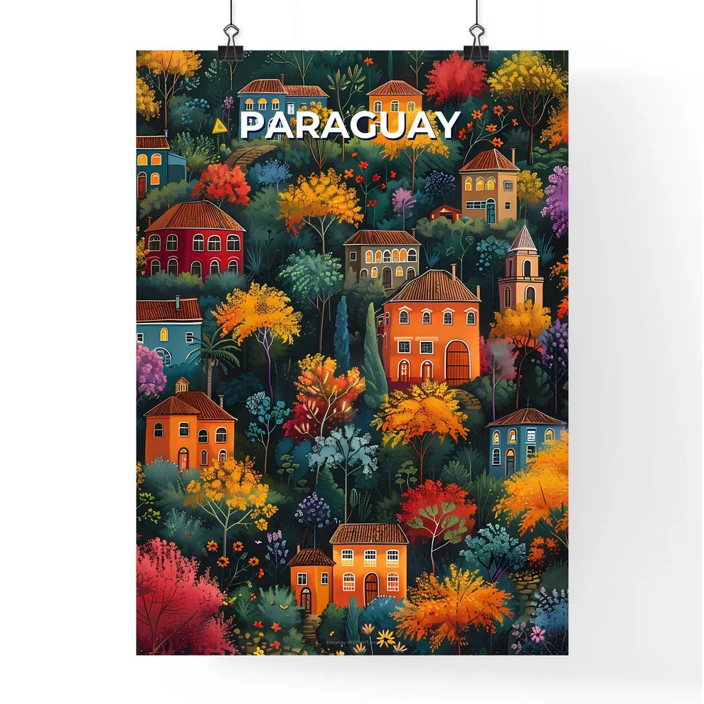Colorful Painting of Traditional Paraguay Landscape with Houses and Trees, South America Art Poster