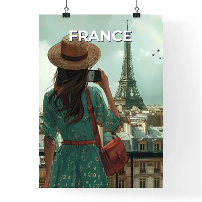 Vibrant Painting of Paris Skyline with Woman Photographing Eiffel Tower Captures Artistic Essence
