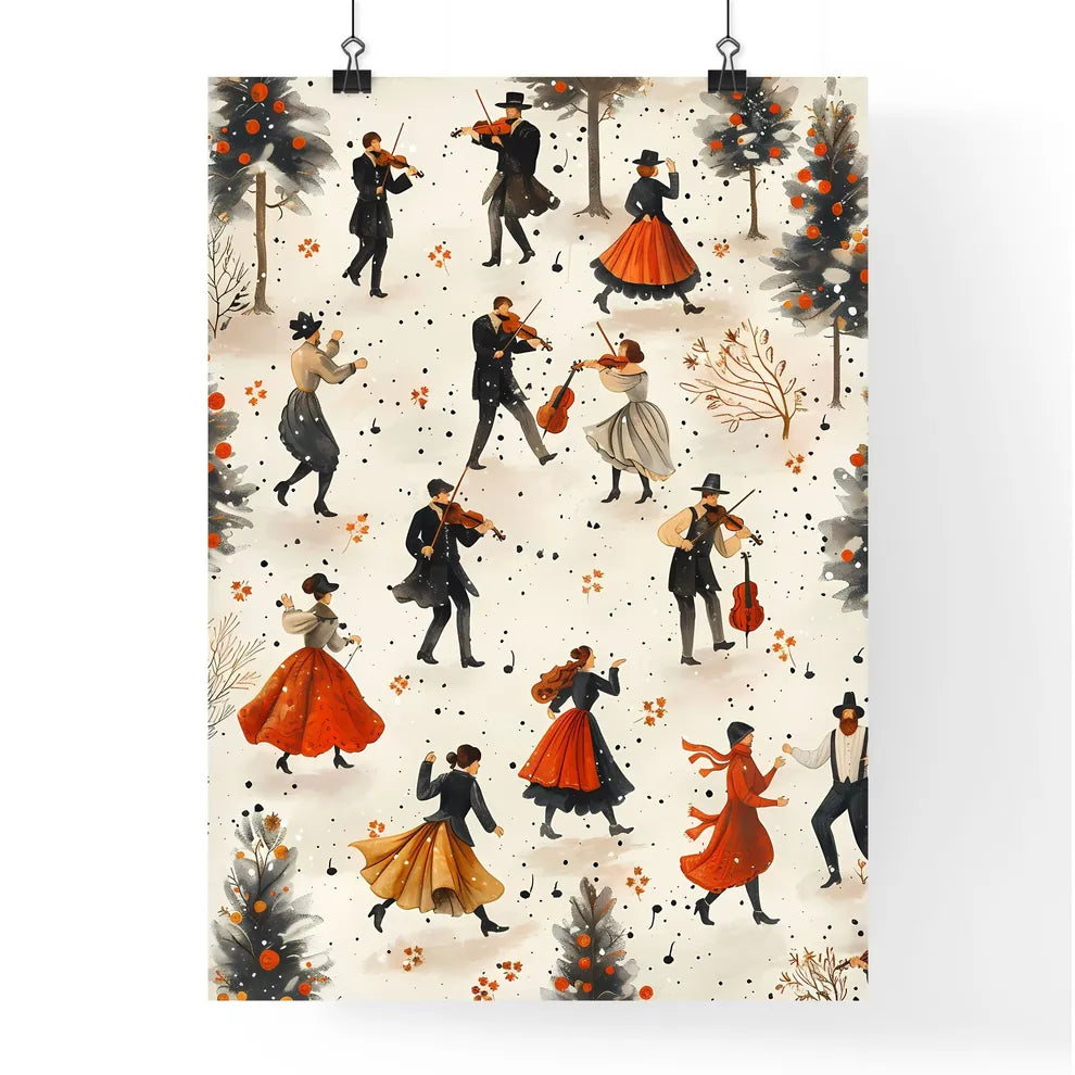 Renaissance Dance Party in Snow: Vibrant Painting with Headphones Poster