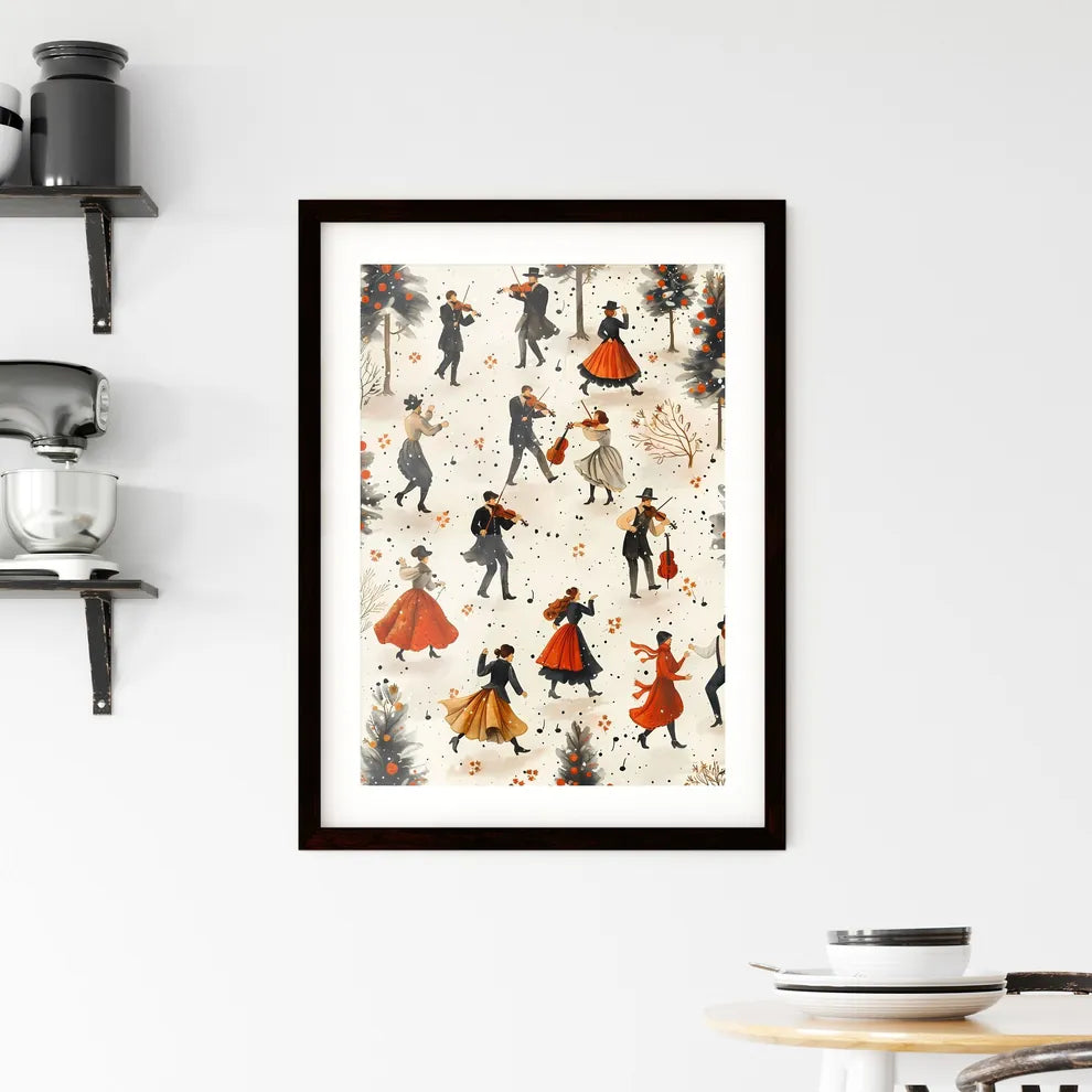 Renaissance Dance Party in Snow: Vibrant Painting with Headphones Framed Print