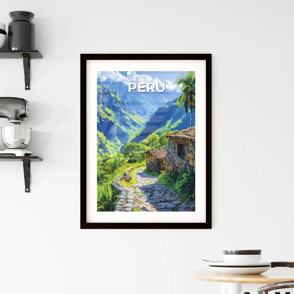 Colorful artwork mural on stone building in Peru, South America Custom Print