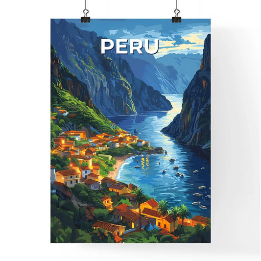 Peruvian Village Art: Colorful Painting Depicting Andean Village by Water, South America Poster