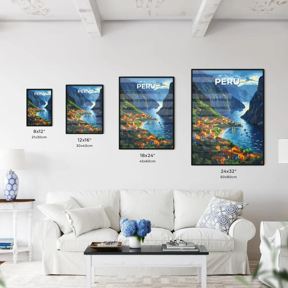 Peruvian Village Art: Colorful Painting Depicting Andean Village by Water, South America Size Chart