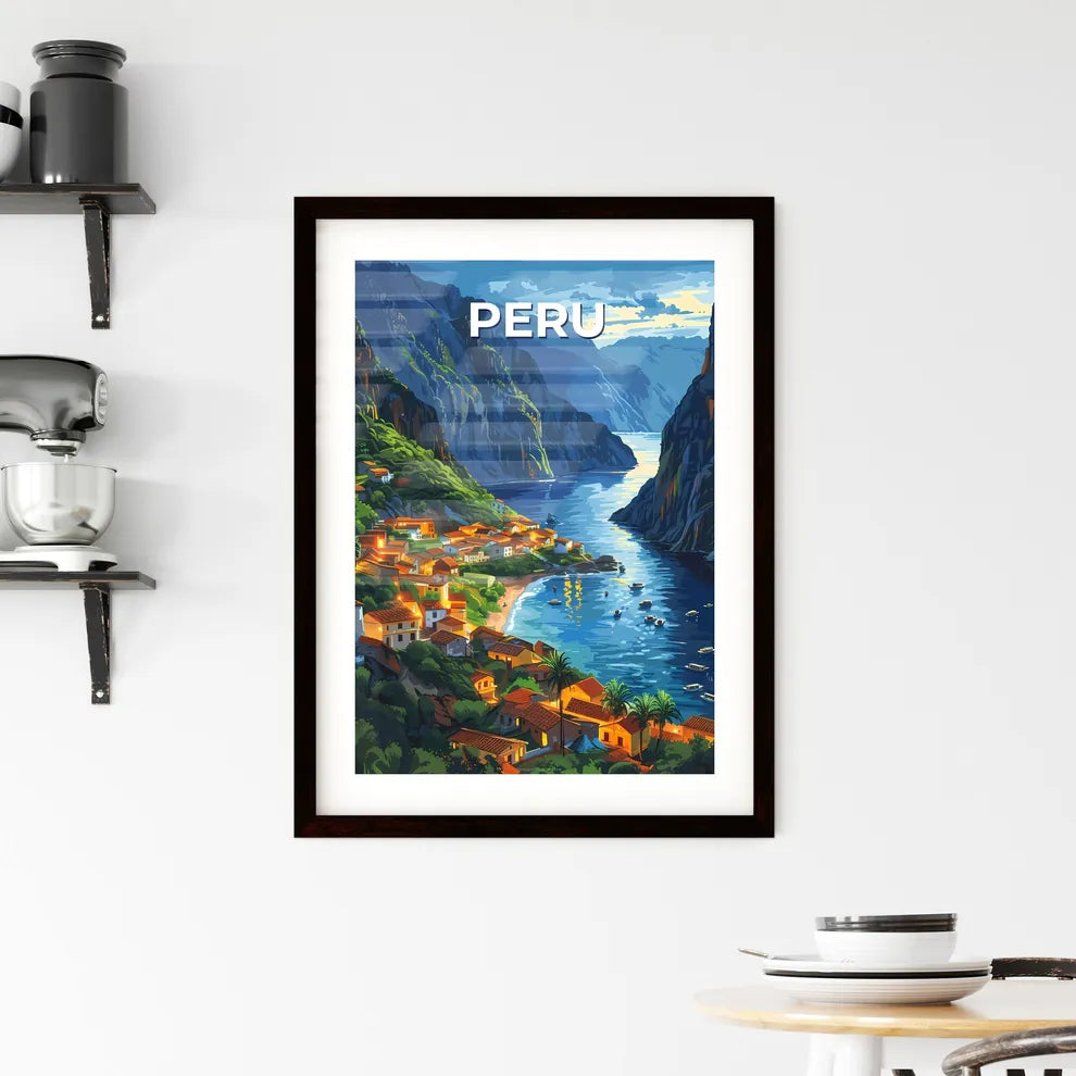Peruvian Village Art: Colorful Painting Depicting Andean Village by Water, South America Custom Print