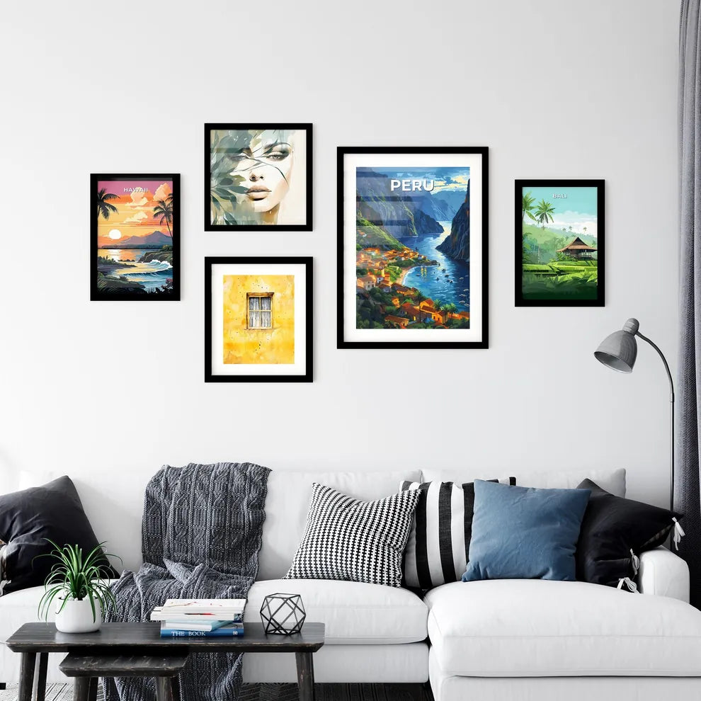 Peruvian Village Art: Colorful Painting Depicting Andean Village by Water, South America Interior Design