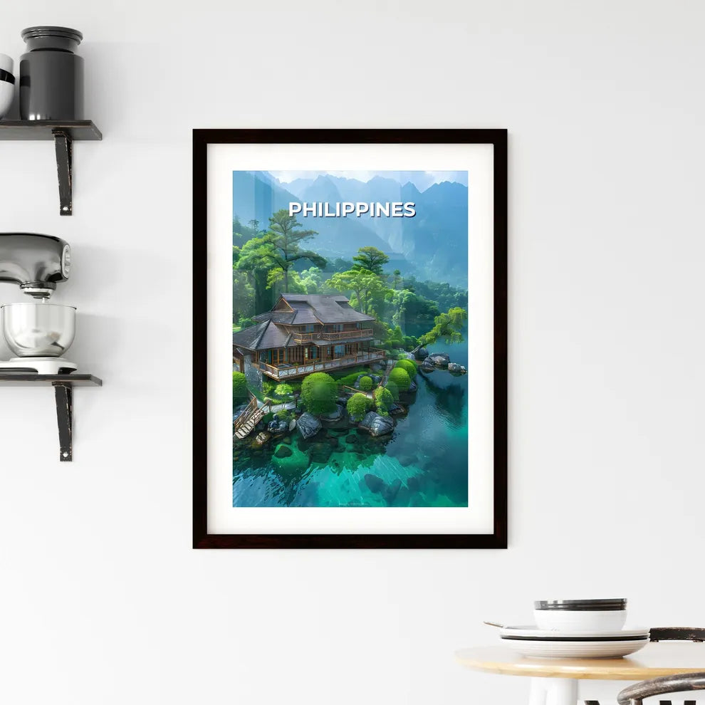 Philippines, Southeast Asia - Surrealistic Painting of a Vibrant House on a Lake Surrounded by Trees Custom Print