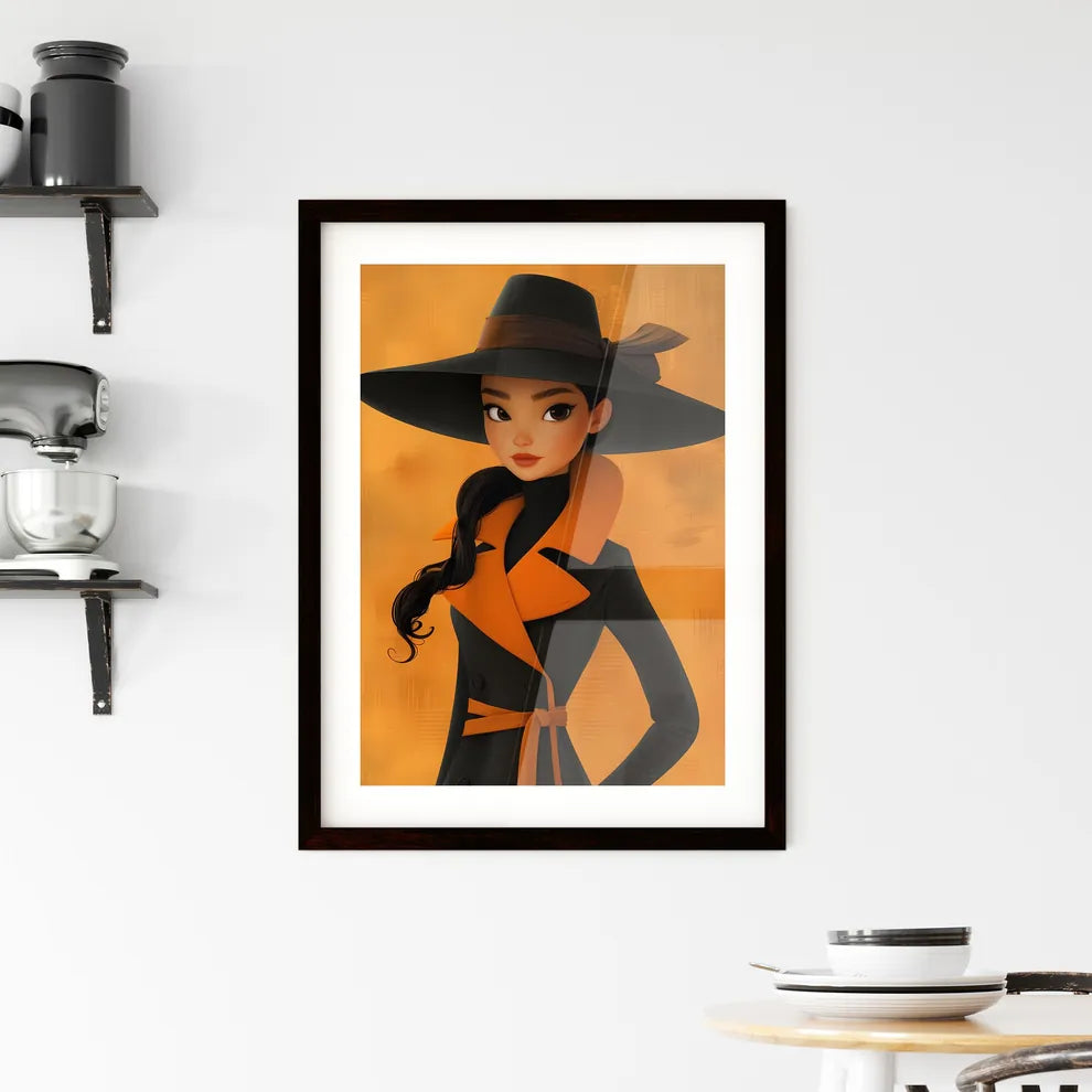 Cartoonish fashionably dressed woman black h Framed Print