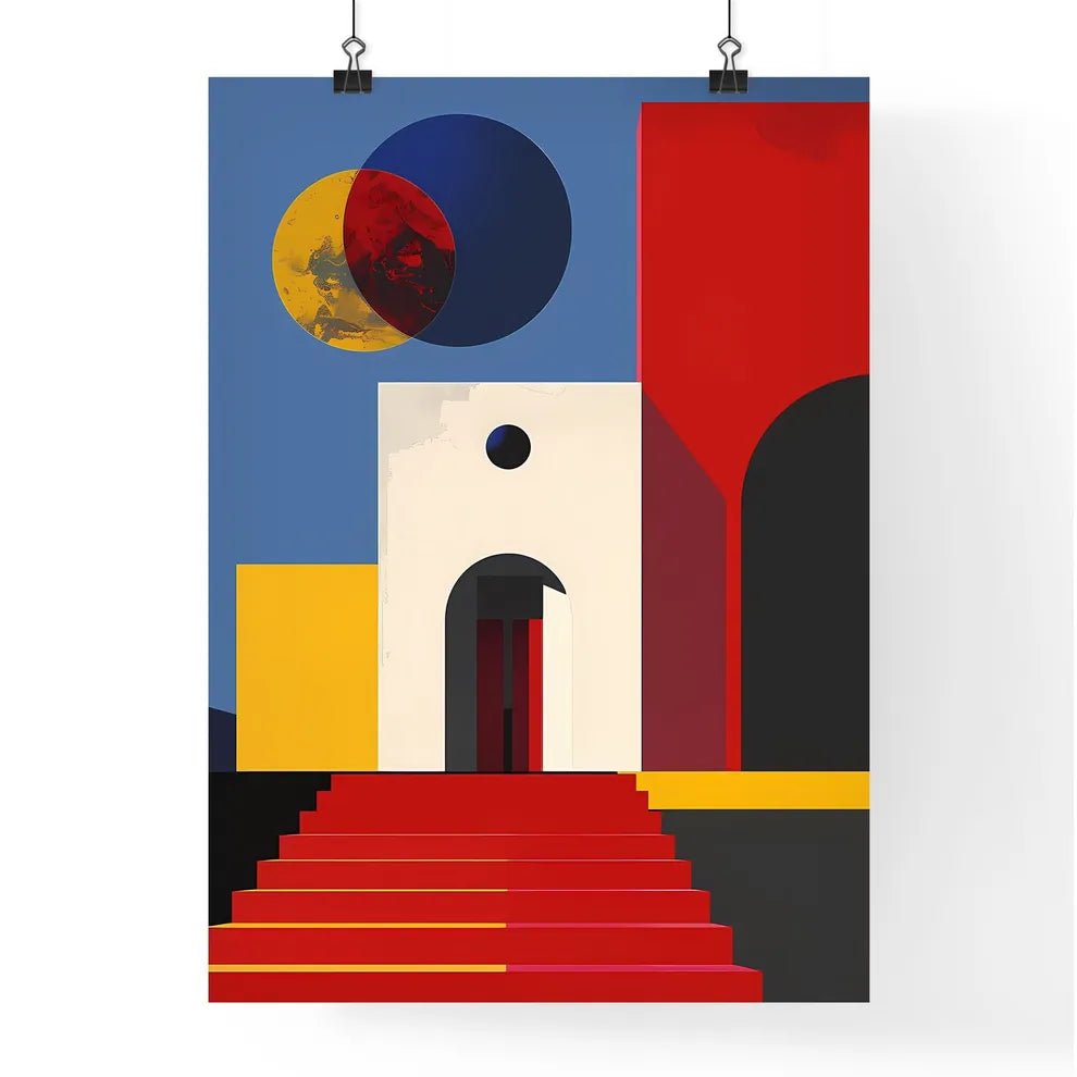 Vibrant Geometric Architecture Poster - Colorful Building Art with Red Staircase and Door Poster