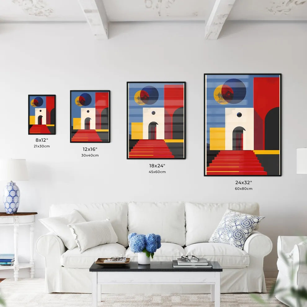 Vibrant Geometric Architecture Poster - Colorful Building Art with Red Staircase and Door Size Chart