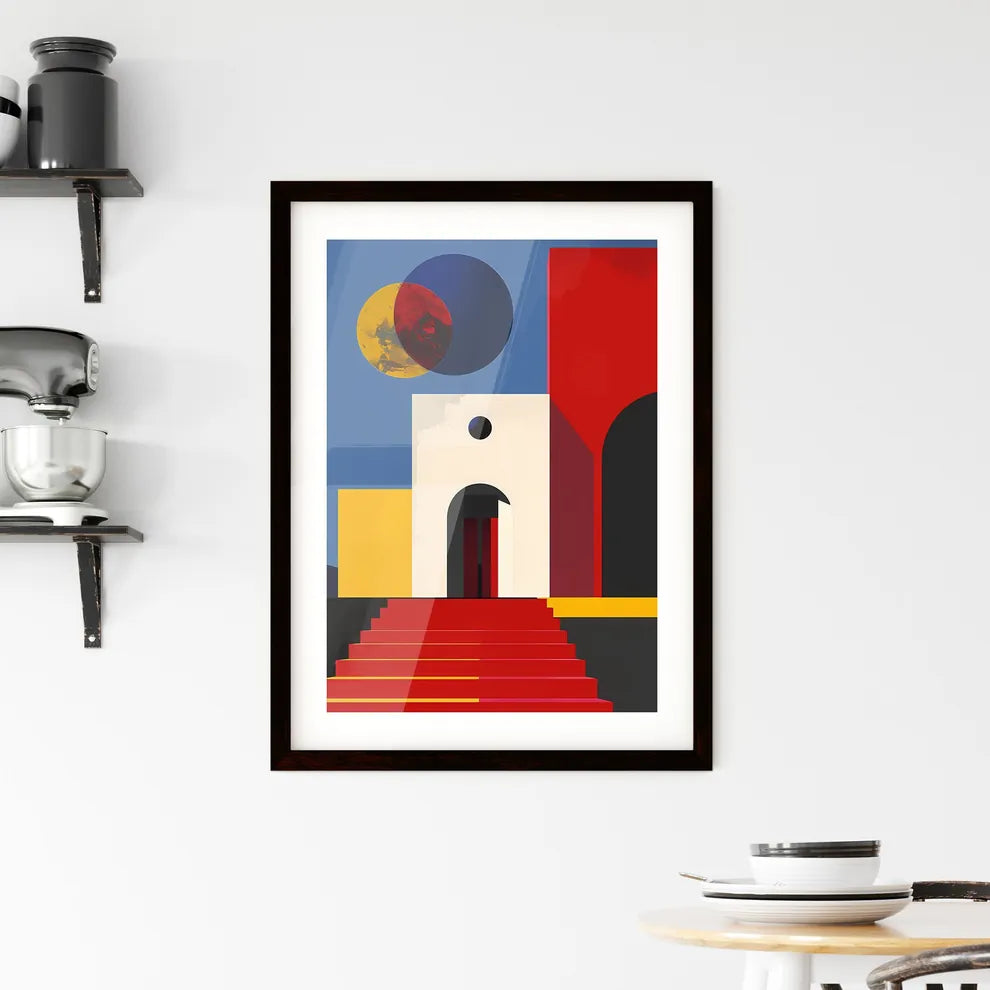 Vibrant Geometric Architecture Poster - Colorful Building Art with Red Staircase and Door Custom Print