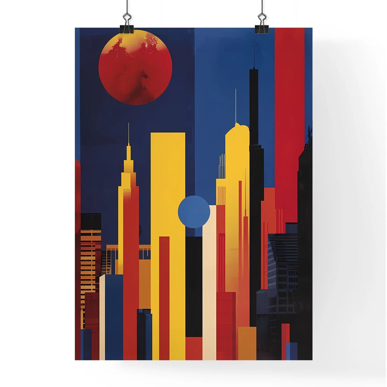 Abstract Cityscape Artwork, Red Circle on Vibrant Canvas, City Painting with Blue Sky Poster