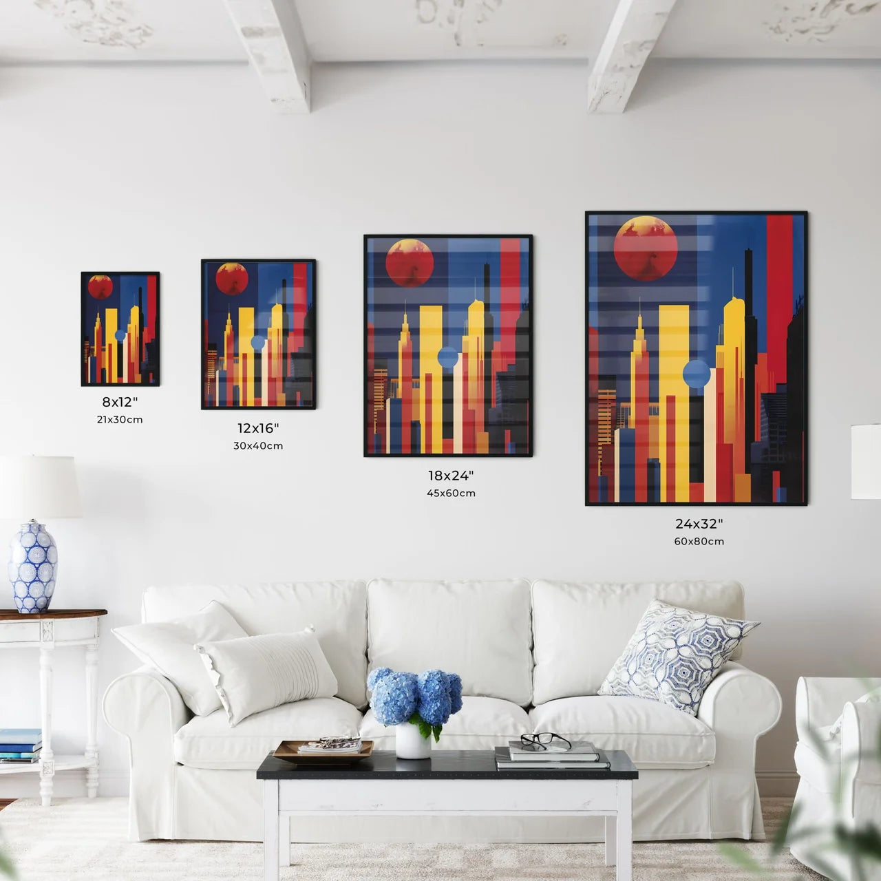 Abstract Cityscape Artwork, Red Circle on Vibrant Canvas, City Painting with Blue Sky Size Chart