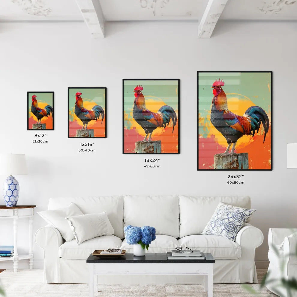 Pop art rooster painting standing on post Size Chart