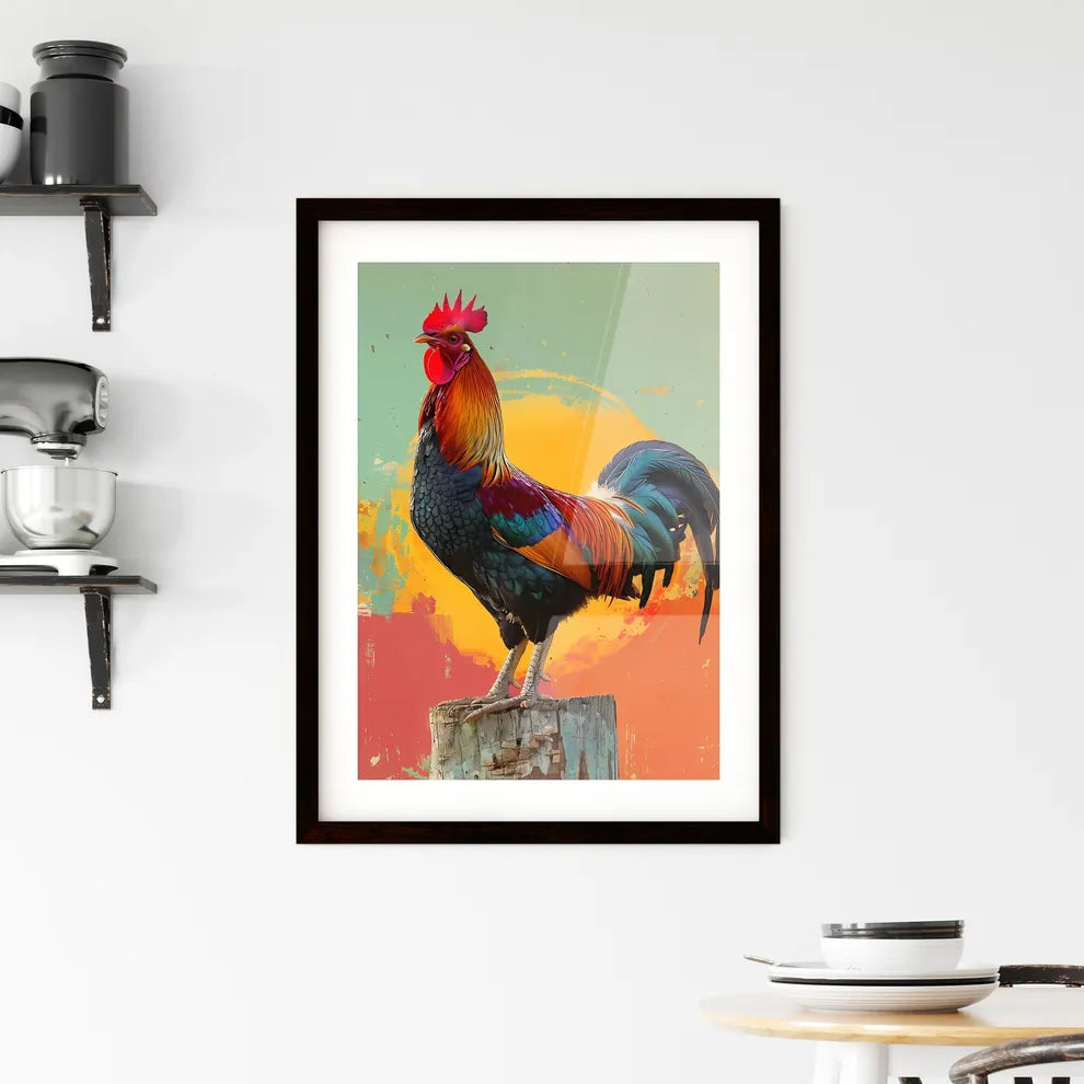 Pop art rooster painting standing on post Framed Print