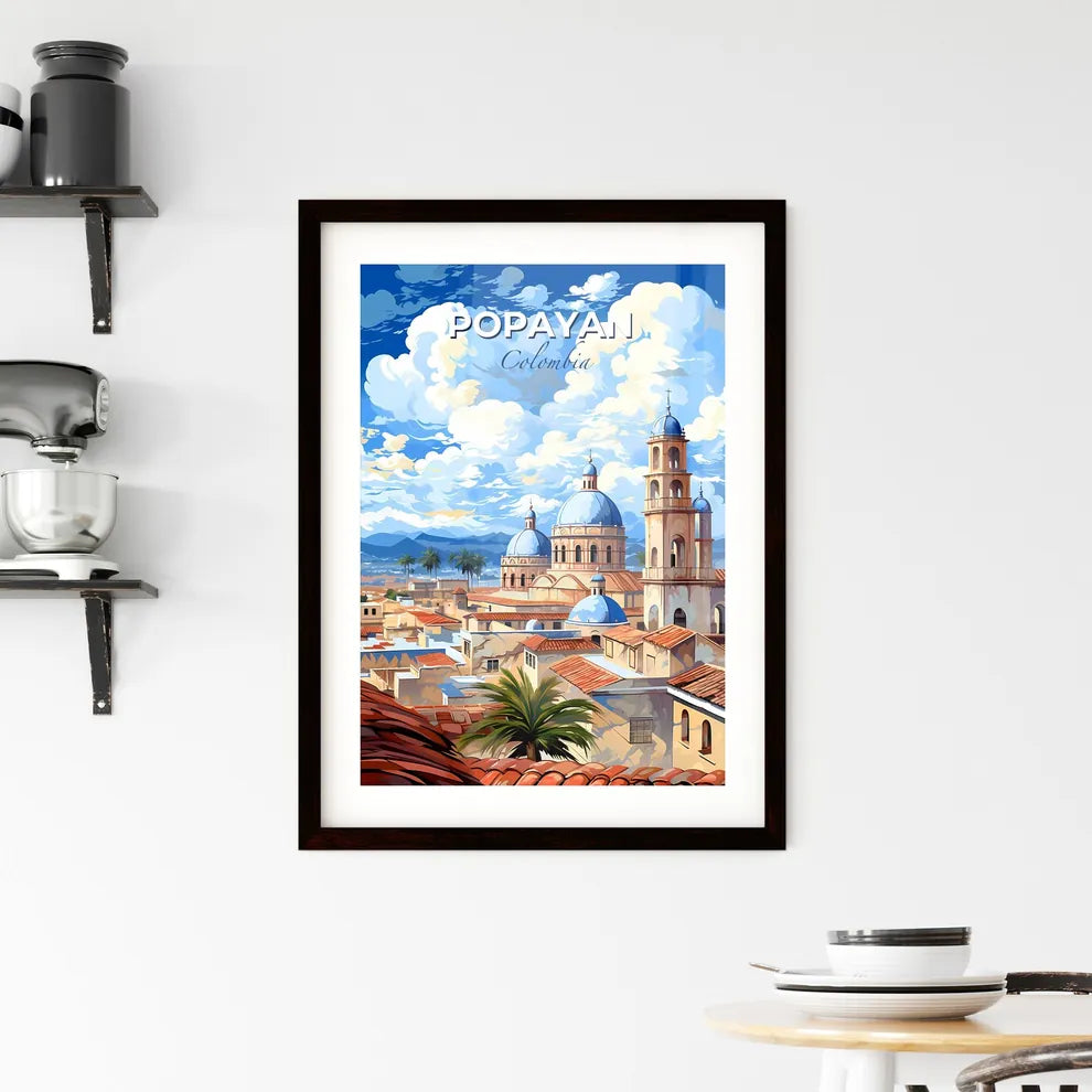 Vibrant Latin American City Painting: Popayan Colombia Skyline with Blue Domes and Mountain Default Title