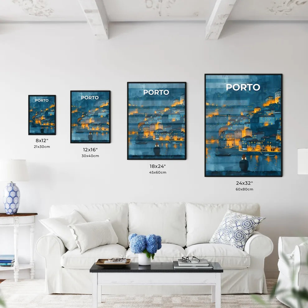 Porto Skyline Art: Colorful Cityscape Painting with Lone Figure Size Chart