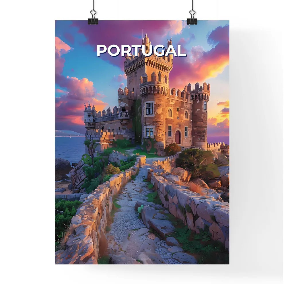 Artistic Painting of a Majestic Castle on a Cliffside Island in Portugal, Europe Poster